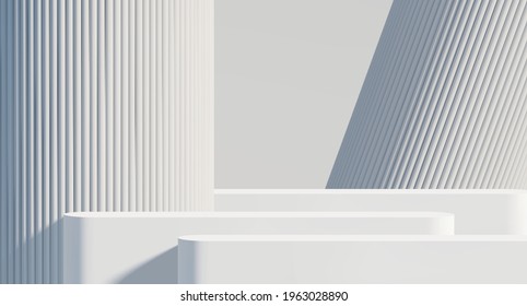 White podiums for product showcase with columns. Blank Vector 3d illustration. 