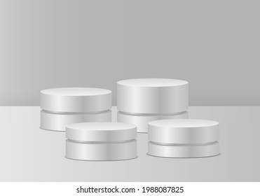 White podiums. Realistic pedestal for winners. Pedestal and platform, stand stage, cylinder. Round and square, polygonal empty stages.