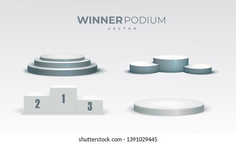 White podiums. Round and square 3d empty podium with steps. Showroom pedestals, floor stage platform vector isolated mockup eps 10