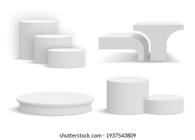 White podiums. Set of white pedestals. Vector illustration.