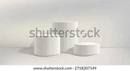 White poduim bg, ribbed column pillar 3d render. Product discount marble stand, fluted elegant pedestal on pastel limbo. Cosmetic promotion empty stage, museum exhibition display. Three grey bases