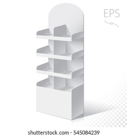 White POI Cardboard Blank Empty Displays With Shelves Products. On White Background Isolated. Mock Up Template Ready For Your Design. 