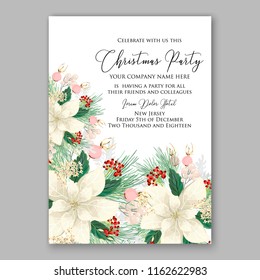 White Poinsettia Christmas Party invitation vector winter floral wreath clipart holiday background fir branch pine cone dog-rose berry lilly