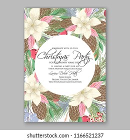 White Poinsettia Christmas party invitation floral winter holiday illustration fir red berry pine cone