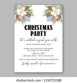 White Poinsettia fir rosehip red berries  flower fir pine winter needle wreath floral Merry Christmas Party invitation card printable template vector holiday flyer wording