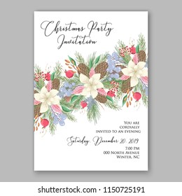 White Poinsettia fir rosehip red berries  flower fir pine winter needle wreath floral Merry Christmas Party invitation card printable template vector holiday flyer wording