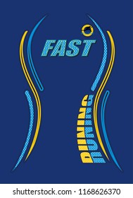 White pointed blue and yellow texts with around lines and logo on navy blue background. Vector illustration.