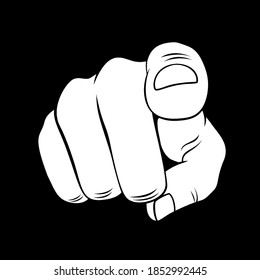 White Pointer Finger Isolated on a Black Background. Thin Line Icon for Website Design. A Realistic Black and White Sketch