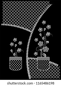 White points and flowers patterned embroidery design on black background. Vector illustration.