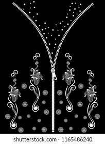 White points, flowers and zipper patterned embroidery design on black background. Vector illustration.
