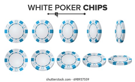 White Poker Chips Vector. 3D Set. Plastic Round Poker  Chips Sign Isolated On White. Flip Different Angles. Jackpot Concept Illustration.