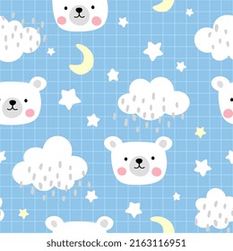 white polar baby bear happy face with clouds and stars in the sky on a pastel blue background, kids seamless pattern with animals, nursery baby print with moon and star