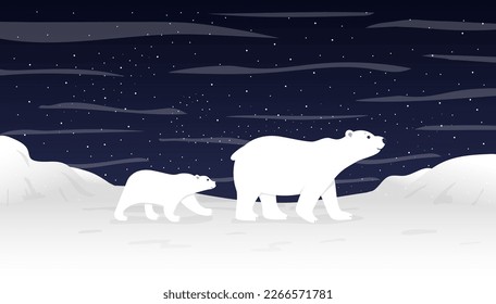 Oso polar blanco, paisaje antártico. Vida silvestre de animales de nieve del norte, cielo ártico frío, polarización. Tundra de vida silvestre. Afiche infantil. Madre y bebé lindo en el fondo de la caricatura del vector del hielo