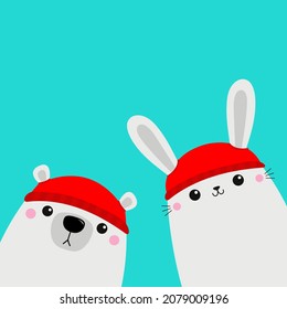 White polar bear bunny rabbit head face set. Red hat. Merry Christmas. Happy New Year. Greeting card. Cute cartoon kawaii baby character. Funny animal. Flat design. Hello winter Blue background Vector