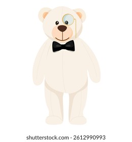 White polar bear cartoon character with bow tie and monocle isolated on white background.  Funny cute teddy mascot icon.  Gentleman bear