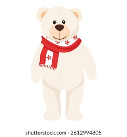 White polar bear cartoon character in red winter knitted scarf with snowflakes isolated on white background. Funny cute teddy mascot icon
