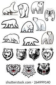 White polar bear cartoon characters showing various positions of full body and heads for tattoo or sport team mascots design