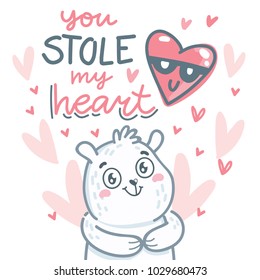 White Polar Bear character in love with lettering text: You stole my heart. Cute hand drawn vector art: tender romantic illustration in cartoon style for card, poster, invitation