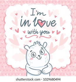 White Polar Bear character in love with lettering text: I'm in love with you. Cute hand drawn vector art: tender romantic illustration in cartoon style for card, poster, invitation