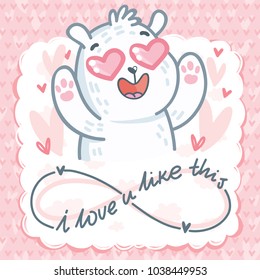 White Polar Bear character madly in love with hearts eyes and lettering text: I love you infinitely. Cute and tender hand drawn romantic illustration in cartoon style on pink background