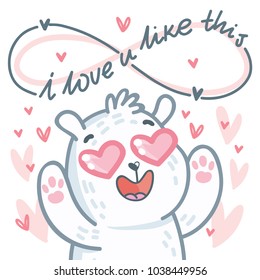 White Polar Bear character madly in love with hearts eyes and lettering text: I love you infinitely. Cute and tender hand drawn romantic illustration in cartoon style on pink background
