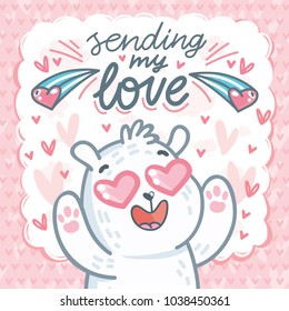 White Polar Bear character madly in love with hearts eyes and lettering text: Sending my love. Cute and tender hand drawn romantic illustration in cartoon style on pink background