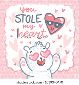 White Polar Bear character madly in love with hearts eyes and lettering text: You stole my heart. Cute and tender hand drawn romantic illustration in cartoon style on pink background