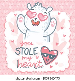 White Polar Bear character madly in love with hearts eyes and lettering text: You stole my heart. Cute and tender hand drawn romantic illustration in cartoon style on pink background