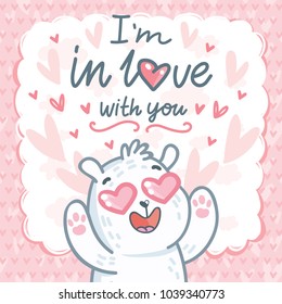 White Polar Bear character madly in love with hearts eyes and lettering text: I'm in love with you. Cute and tender hand drawn romantic illustration in cartoon style on pink background