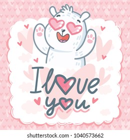 White Polar Bear character madly in love with hearts eyes and lettering text: I love you. Cute and tender hand drawn romantic illustration in cartoon style on pink background