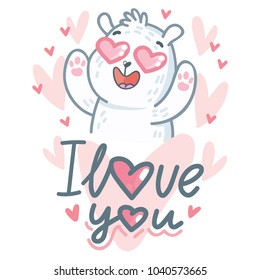 White Polar Bear character madly in love with hearts eyes and lettering text: I love you. Cute and tender hand drawn romantic illustration in cartoon style on pink background