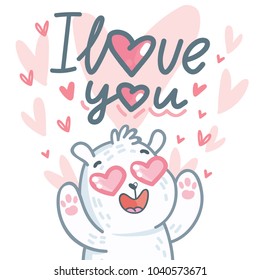 White Polar Bear character madly in love with hearts eyes and lettering text: I love you. Cute and tender hand drawn romantic illustration in cartoon style on pink background