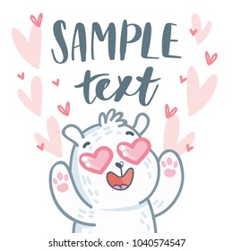 White Polar Bear character madly in love with hearts eyes and place for your text. Cute and tender hand drawn romantic illustration in cartoon style on pink background