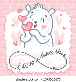 White Polar Bear character sending air kiss with lettering text: I love you infinitely. Cute and tender hand drawn vector art. Romantic illustration in cartoon style for card, poster, invitation