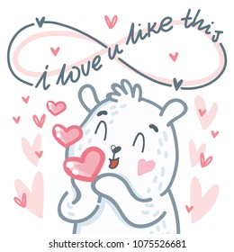 White Polar Bear character sending air kiss with lettering text: I love you infinitely. Cute and tender hand drawn vector art. Romantic illustration in cartoon style for card, poster, invitation
