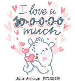 White Polar Bear character sending air kiss with lettering text: I love you so much. Cute and tender hand drawn vector art. Romantic illustration in cartoon style for card, poster, invitation