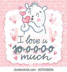 White Polar Bear character sending air kiss with lettering text: I love you so much. Cute and tender hand drawn vector art. Romantic illustration in cartoon style for card, poster, invitation