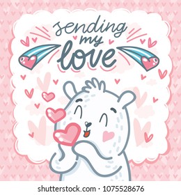 White Polar Bear character sending air kiss with lettering text: Sending my love. Cute and tender hand drawn vector art. Romantic illustration in cartoon style for card, poster, invitation