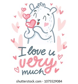 White Polar Bear character sending air kiss with lettering text: I love you very much. Cute and tender hand drawn vector art. Romantic illustration in cartoon style for card, poster, invitation