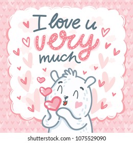 White Polar Bear character sending air kiss with lettering text: I love you very much. Cute and tender hand drawn vector art. Romantic illustration in cartoon style for card, poster, invitation