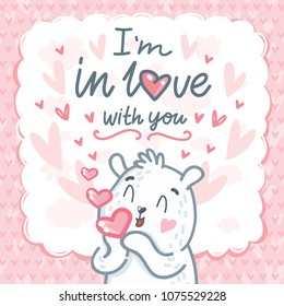 White Polar Bear character sending air kiss with lettering text: I'm in love with you. Cute and tender hand drawn vector art. Romantic illustration in cartoon style for card, poster, invitation