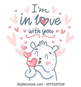 White Polar Bear character sending air kiss with lettering text: I'm in love with you. Cute and tender hand drawn vector art. Romantic illustration in cartoon style for card, poster, invitation