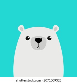 White polar bear cub face. Arctic animal. Cute cartoon kawaii funny baby character. Hello winter. Merry Christmas. Happy New Year. Greeting card template. Flat design. Blue background. Vector
