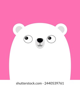 White polar bear cub face. Cute cartoon kawaii funny baby character. Arctic animal. Hello winter. Merry Christmas. Happy New Year. Greeting card template. Flat design. Pink background. Vector