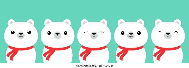 Cara blanca del oso polar con la cabeza cubierta con bufanda roja. Recogida de animales en el Ártico. Diseño plano. Fondo de invierno con 
caída de nieve.