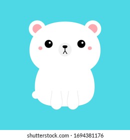 White polar bear cub icon. Cute funny head face. Kawaii cartoon character. Pink cheeks. Happy Valentines Day. Baby greeting card template. Notebook cover, tshirt. Blue background. Flat design. Vector