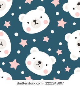 white polar bear cute face with pink stars and dots, kids seamless pattern background, deep blue color vector design for wrapping paper, fabric and textile print.