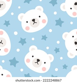 white polar bear cute face with stars and dots, kids seamless pattern background, pastel blue color vector design for wrapping paper, fabric and textile print.