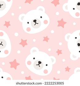 white polar bear cute face with stars and dots, kids seamless pattern background, sweet pastel pink girly color, vector design for wrapping paper, fabric and textile print.