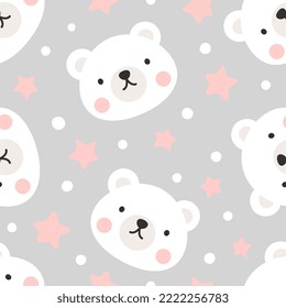 white polar bear cute face with pink stars and dots, kids seamless pattern background, neutral grey color, vector design for wrapping paper, fabric and textile print.